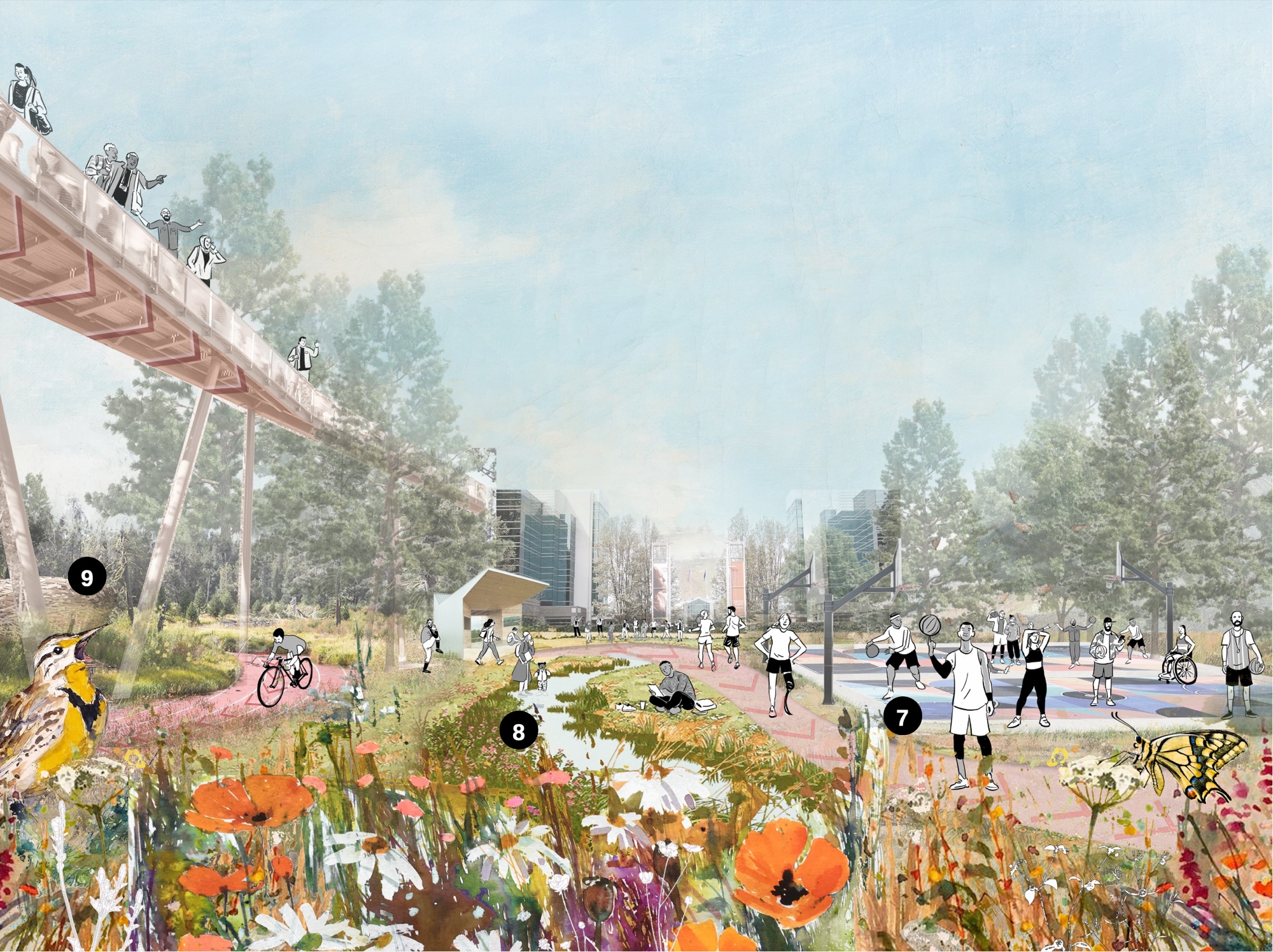An illustrated future Nike campus, with a raised walkway, wildflower meadow and people running and playing sport.