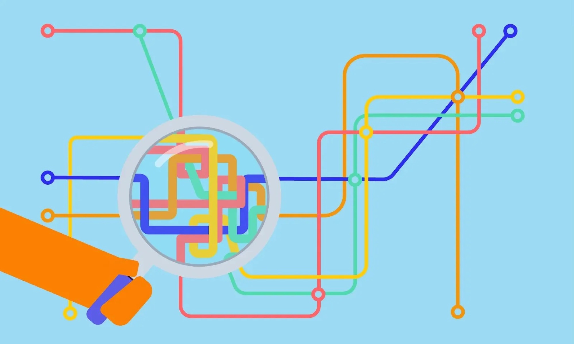 An illustration of tangled coloured transit lines made clear under a magnifying glass.